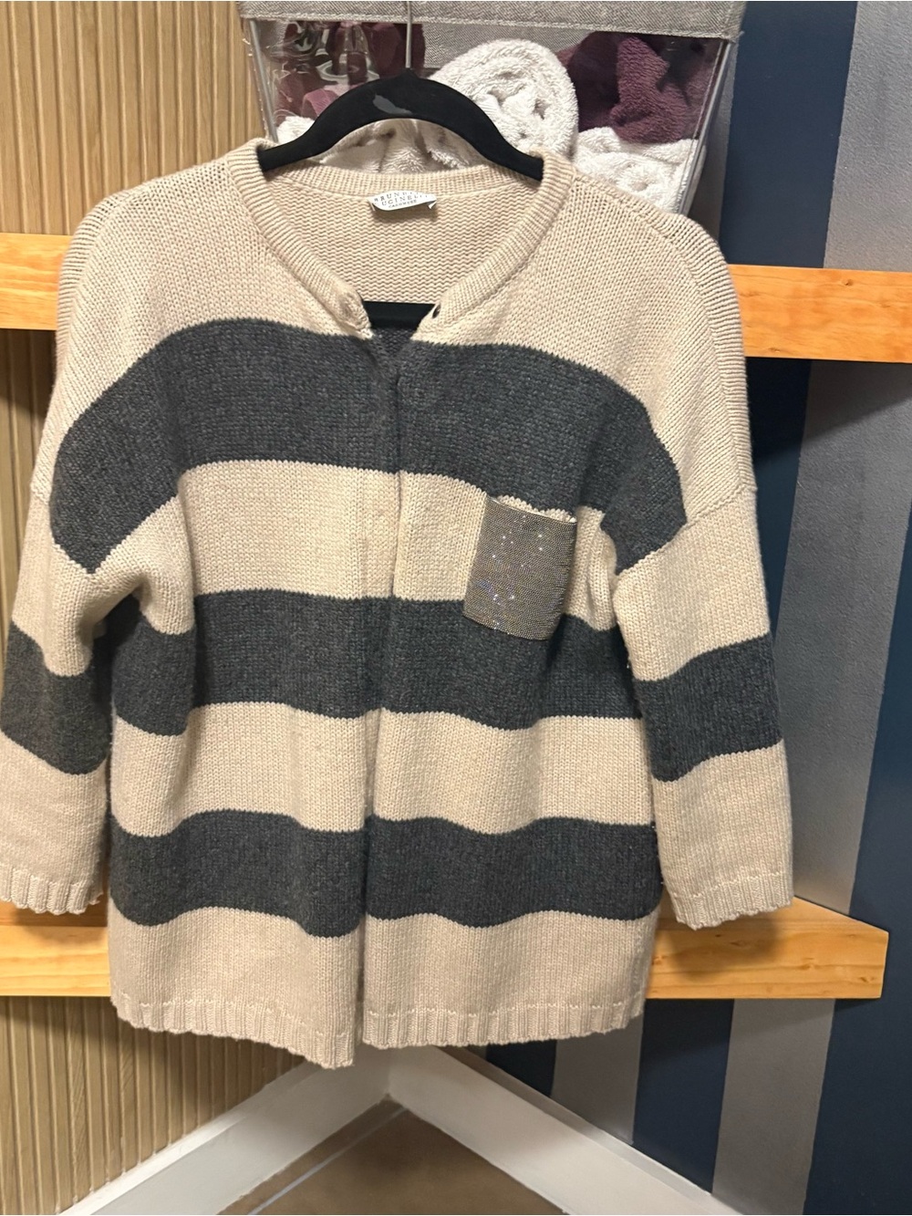 $2298 Brunello Cucinelli Beige and Charcoal Monilli 100% Cashmere Cardigan IT L